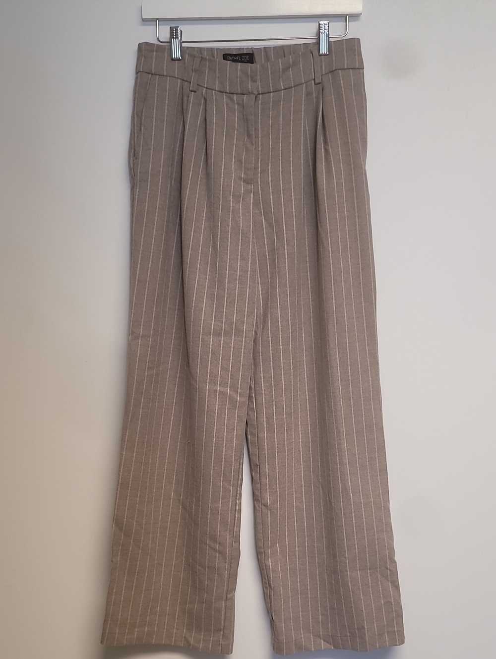 Rachel Zoe high-waisted, pleated, wide-leg Pinstripe Taupe Trousers Pants 8